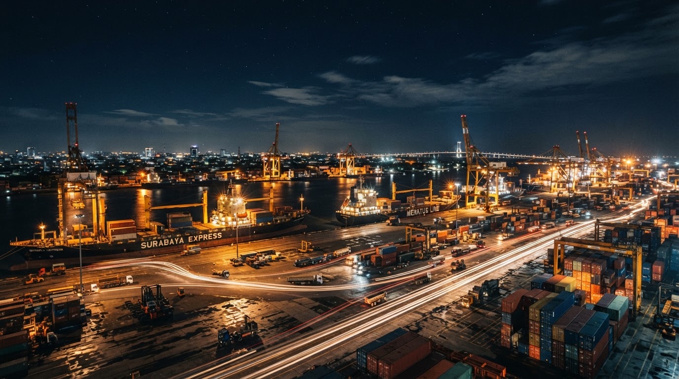Pelabuhan Surabaya di malam hari dengan jejak cahaya