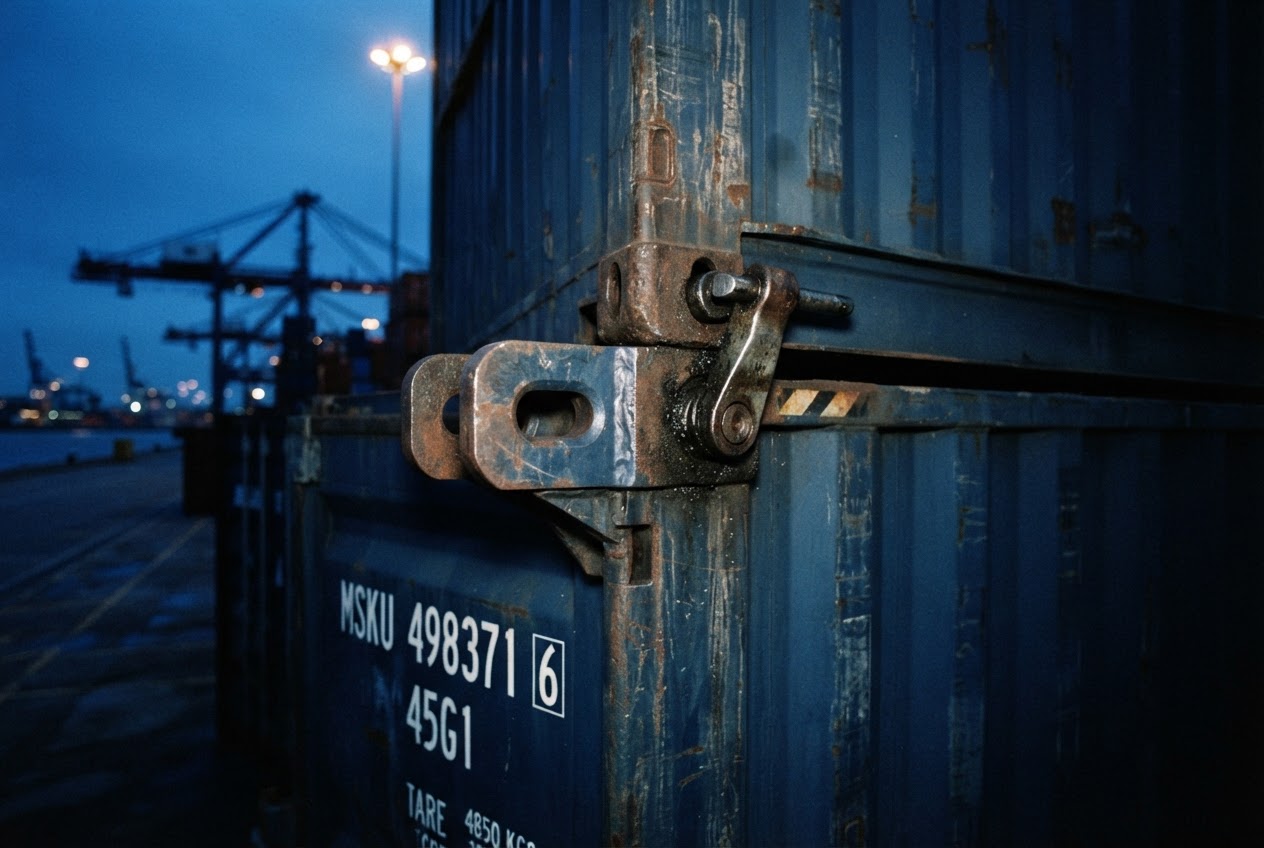 Detail sudut kontainer logistik dengan tekstur baja industrial